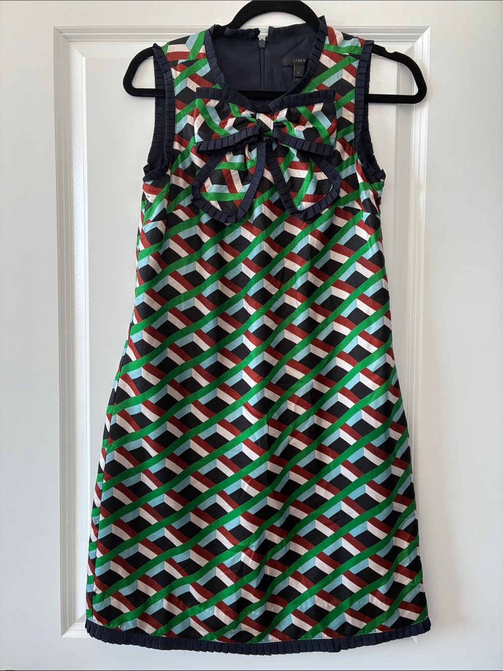 J.Crew Size 2 Bow Neckline 100% Silk Shift Dress with Diamond Print Pattern